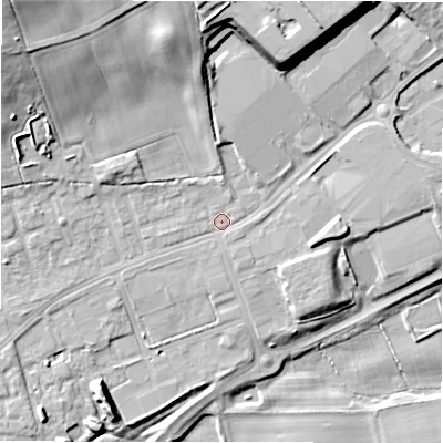 Shaded relief map of the ground around DL149BG, computed from Environment Agency LiDAR. The ground here sits at about 103 m above sea level and falls 23 m across the surrounding 800 m. Surface water reaching this point runs off ground lying to the north-west, 16.8 m higher.