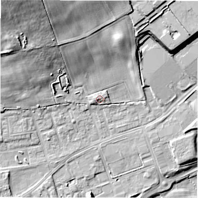 Shaded relief map of the ground around DL149BN, computed from Environment Agency LiDAR. The ground here sits at about 106 m above sea level and falls 31 m across the surrounding 800 m. Surface water reaching this point runs off ground lying to the north, 2.0 m higher.