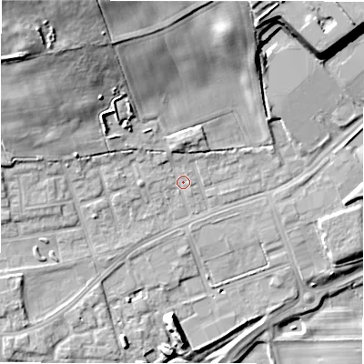 Shaded relief map of the ground around DL149BP, computed from Environment Agency LiDAR. The ground here sits at about 103 m above sea level and falls 24 m across the surrounding 800 m. Surface water reaching this point runs off ground lying to the north-north-west, 17.8 m higher.