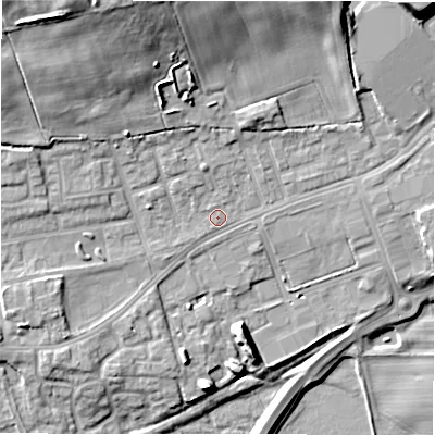 Shaded relief map of the ground around DL149BW, computed from Environment Agency LiDAR. The ground here sits at about 103 m above sea level and falls 20 m across the surrounding 800 m. Surface water reaching this point runs off ground lying to the north-west, 15.1 m higher.
