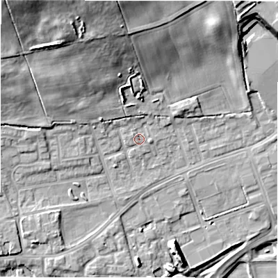 Shaded relief map of the ground around DL149DA, computed from Environment Agency LiDAR. The ground here sits at about 104 m above sea level and falls 26 m across the surrounding 800 m. Surface water reaching this point runs off ground lying to the north-north-west, 0.8 m higher.