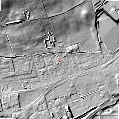 Shaded relief map of the ground around DL149DB, computed from Environment Agency LiDAR. The ground here sits at about 104 m above sea level and falls 27 m across the surrounding 800 m. Surface water reaching this point runs off ground lying to the north-north-west, 18.0 m higher.