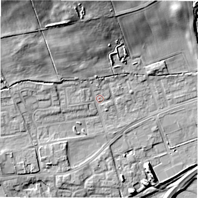 Shaded relief map of the ground around DL149DF, computed from Environment Agency LiDAR. The ground here sits at about 104 m above sea level and falls 23 m across the surrounding 800 m. Surface water reaching this point runs off ground lying to the north-west, 17.5 m higher.