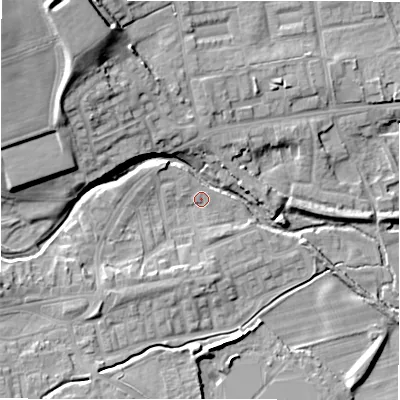 Shaded relief map of the ground around DL149EZ, computed from Environment Agency LiDAR. The ground here sits at about 106 m above sea level and falls 20 m across the surrounding 800 m. Surface water reaching this point runs off ground lying to the west-south-west, 4.6 m higher.