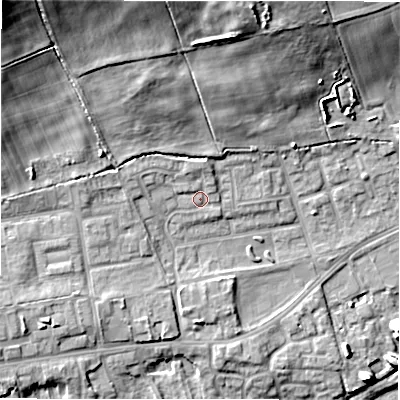Shaded relief map of the ground around DL149FF, computed from Environment Agency LiDAR. The ground here sits at about 106 m above sea level and falls 26 m across the surrounding 800 m. Surface water reaching this point runs off ground lying to the north-west, 19.7 m higher.