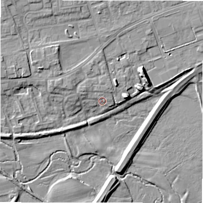 Shaded relief map of the ground around DL149GB, computed from Environment Agency LiDAR. The ground here sits at about 103 m above sea level and falls 10 m across the surrounding 800 m. Surface water reaching this point runs off ground lying to the west-north-west, 3.1 m higher.