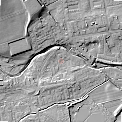 Shaded relief map of the ground around DL149HB, computed from Environment Agency LiDAR. The ground here sits at about 105 m above sea level and falls 21 m across the surrounding 800 m. Surface water reaching this point runs off ground lying to the west-south-west, 4.6 m higher.