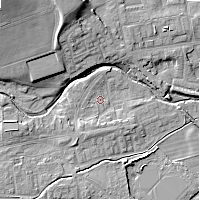 Shaded relief map of the ground around DL149HD, computed from Environment Agency LiDAR. The ground here sits at about 106 m above sea level and falls 22 m across the surrounding 800 m. Surface water reaching this point runs off ground lying to the south-south-west, 4.3 m higher.