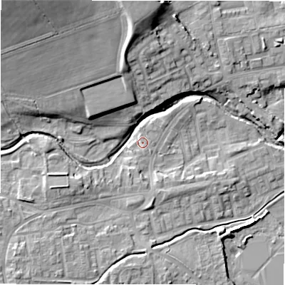 Shaded relief map of the ground around DL149HG, computed from Environment Agency LiDAR. The ground here sits at about 108 m above sea level and falls 25 m across the surrounding 800 m. Surface water reaching this point runs off ground lying to the south, 1.3 m higher.