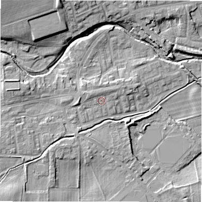 Shaded relief map of the ground around DL149HJ, computed from Environment Agency LiDAR. The ground here sits at about 108 m above sea level and falls 16 m across the surrounding 800 m. Surface water reaching this point runs off ground lying to the west-north-west, 2.0 m higher.
