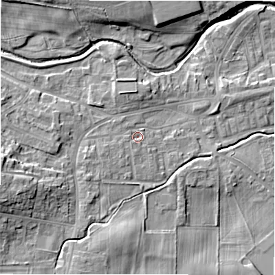 Shaded relief map of the ground around DL149HL, computed from Environment Agency LiDAR. The ground here sits at about 109 m above sea level and falls 16 m across the surrounding 800 m. Surface water reaching this point runs off ground lying to the west-south-west, 2.7 m higher.
