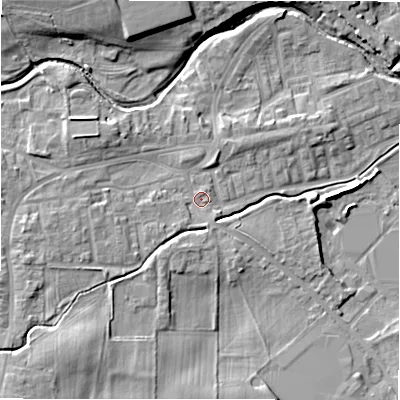 Shaded relief map of the ground around DL149HP, computed from Environment Agency LiDAR. The ground here sits at about 109 m above sea level and falls 12 m across the surrounding 800 m. Surface water reaching this point runs off ground lying to the south-west, 6.7 m higher.