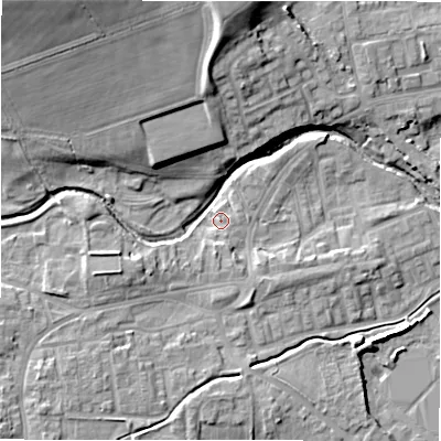Shaded relief map of the ground around DL149HQ, computed from Environment Agency LiDAR. The ground here sits at about 108 m above sea level and falls 24 m across the surrounding 800 m. Surface water reaching this point runs off ground lying to the south-west, 3.2 m higher.