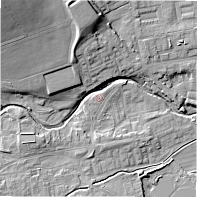 Shaded relief map of the ground around DL149HS, computed from Environment Agency LiDAR. The ground here sits at about 107 m above sea level and falls 27 m across the surrounding 800 m. Surface water reaching this point runs off ground lying to the south-south-west, 0.9 m higher.