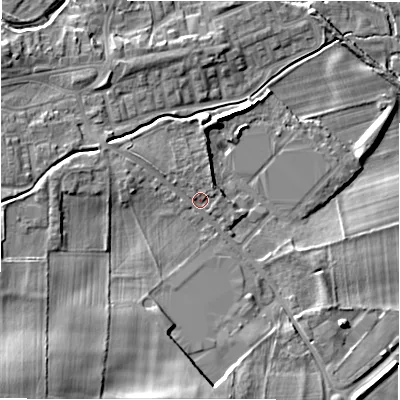 Shaded relief map of the ground around DL149HT, computed from Environment Agency LiDAR. The ground here sits at about 108 m above sea level and falls 14 m across the surrounding 800 m. Surface water reaching this point runs off ground lying to the west-north-west, 2.5 m higher.