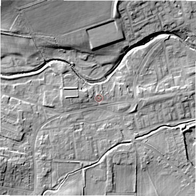 Shaded relief map of the ground around DL149HW, computed from Environment Agency LiDAR. The ground here sits at about 110 m above sea level and falls 17 m across the surrounding 800 m. Surface water reaching this point runs off ground lying to the west, 2.2 m higher.