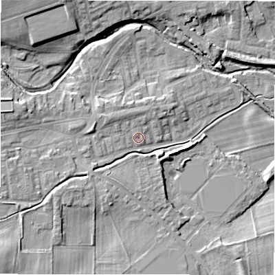 Shaded relief map of the ground around DL149JD, computed from Environment Agency LiDAR. The ground here sits at about 107 m above sea level and falls 14 m across the surrounding 800 m. Surface water reaching this point runs off ground lying to the west-north-west, 2.3 m higher.