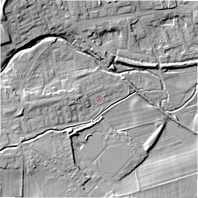 Shaded relief map of the ground around DL149JE, computed from Environment Agency LiDAR. The ground here sits at about 105 m above sea level and falls 17 m across the surrounding 800 m. Surface water reaching this point runs off ground lying to the north-north-west, 1.4 m higher.