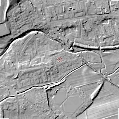 Shaded relief map of the ground around DL149JF, computed from Environment Agency LiDAR. The ground here sits at about 106 m above sea level and falls 18 m across the surrounding 800 m. Surface water reaching this point runs off ground lying to the west-south-west, 2.1 m higher.