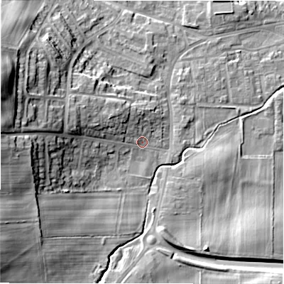 Shaded relief map of the ground around DL149JJ, computed from Environment Agency LiDAR. The ground here sits at about 114 m above sea level and falls 27 m across the surrounding 800 m. Surface water reaching this point runs off ground lying to the west-north-west, 9.0 m higher.