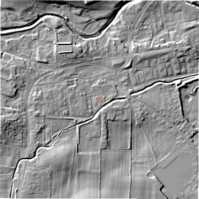 Shaded relief map of the ground around DL149JQ, computed from Environment Agency LiDAR. The ground here sits at about 110 m above sea level and falls 13 m across the surrounding 800 m. Surface water reaching this point runs off ground lying to the west-south-west, 1.3 m higher.