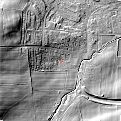 Shaded relief map of the ground around DL149JS, computed from Environment Agency LiDAR. The ground here sits at about 114 m above sea level and falls 30 m across the surrounding 800 m. Surface water reaching this point runs off ground lying to the west-north-west, 23.1 m higher.