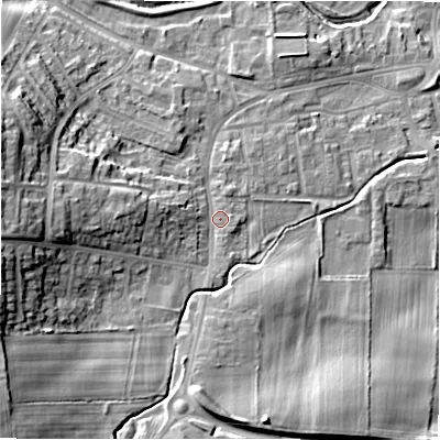 Shaded relief map of the ground around DL149JU, computed from Environment Agency LiDAR. The ground here sits at about 112 m above sea level and falls 21 m across the surrounding 800 m. Surface water reaching this point runs off ground lying to the west, 10.8 m higher.