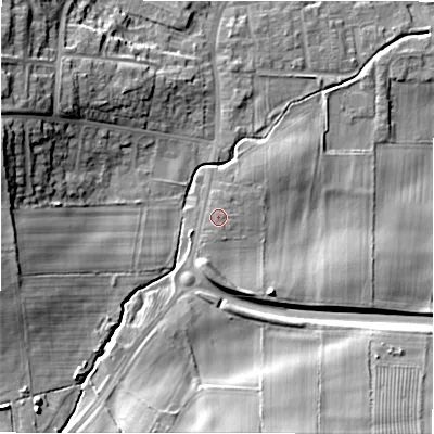 Shaded relief map of the ground around DL149JZ, computed from Environment Agency LiDAR. The ground here sits at about 114 m above sea level and falls 20 m across the surrounding 800 m. Surface water reaching this point runs off ground lying to the south-south-west, 0.8 m higher.