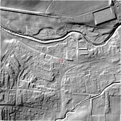 Shaded relief map of the ground around DL149LB, computed from Environment Agency LiDAR. The ground here sits at about 111 m above sea level and falls 23 m across the surrounding 800 m. Surface water reaching this point runs off ground lying to the south-west, 1.6 m higher.