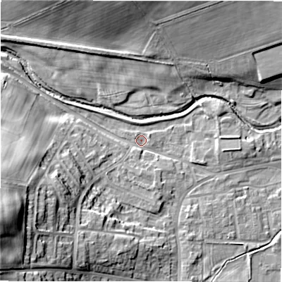 Shaded relief map of the ground around DL149LD, computed from Environment Agency LiDAR. The ground here sits at about 111 m above sea level and falls 31 m across the surrounding 800 m. Surface water reaching this point runs off ground lying to the south-south-west, 1.4 m higher.