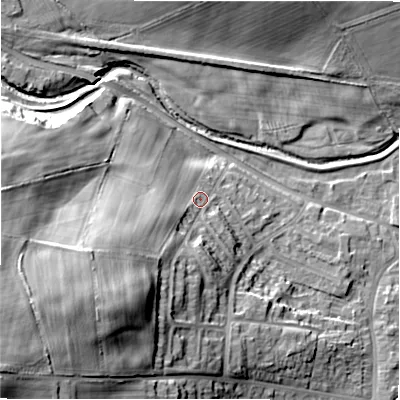 Shaded relief map of the ground around DL149LS, computed from Environment Agency LiDAR. The ground here sits at about 116 m above sea level and falls 37 m across the surrounding 800 m. Surface water reaching this point runs off ground lying to the south-west, 23.0 m higher.