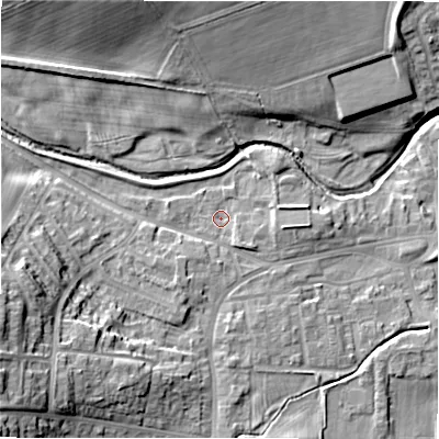 Shaded relief map of the ground around DL149LY, computed from Environment Agency LiDAR. The ground here sits at about 110 m above sea level and falls 23 m across the surrounding 800 m. Surface water reaching this point runs off ground lying to the south-south-west, 2.3 m higher.