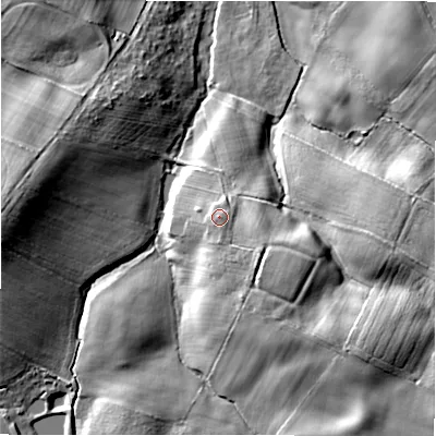 Shaded relief map of the ground around DL149NT, computed from Environment Agency LiDAR. The ground here sits at about 146 m above sea level and falls 24 m across the surrounding 800 m. Surface water reaching this point runs off ground lying to the south, 1.5 m higher.