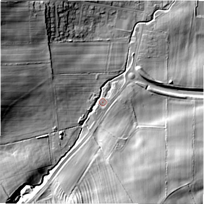 Shaded relief map of the ground around DL149PB, computed from Environment Agency LiDAR. The ground here sits at about 117 m above sea level and falls 27 m across the surrounding 800 m. Surface water reaching this point runs off ground lying to the south-west, 21.2 m higher.