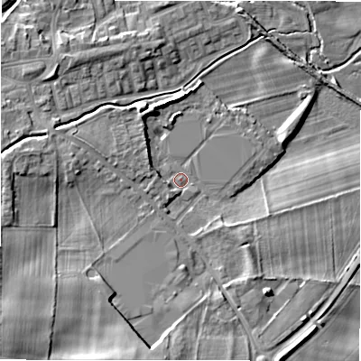 Shaded relief map of the ground around DL149PD, computed from Environment Agency LiDAR. The ground here sits at about 106 m above sea level and falls 13 m across the surrounding 800 m. Surface water reaching this point runs off ground lying to the south-west, 9.2 m higher.