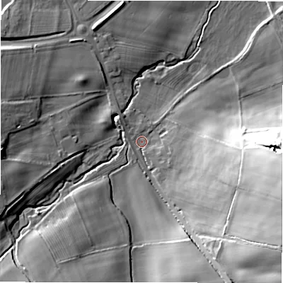 Shaded relief map of the ground around DL149PQ, computed from Environment Agency LiDAR. The ground here sits at about 108 m above sea level and falls 36 m across the surrounding 800 m. Surface water reaching this point runs off ground lying to the south-east, 32.5 m higher.