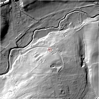 Shaded relief map of the ground around DL149SD, computed from Environment Agency LiDAR. The ground here sits at about 148 m above sea level and falls 51 m across the surrounding 800 m. Surface water reaching this point runs off ground lying to the south, 32.1 m higher.