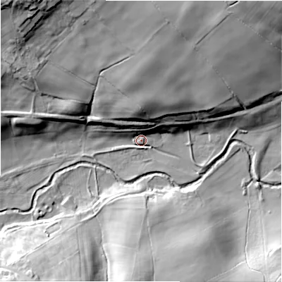 Shaded relief map of the ground around DL149SN, computed from Environment Agency LiDAR. The ground here sits at about 129 m above sea level and falls 40 m across the surrounding 800 m. Surface water reaching this point runs off ground lying to the north-west, 37.8 m higher.