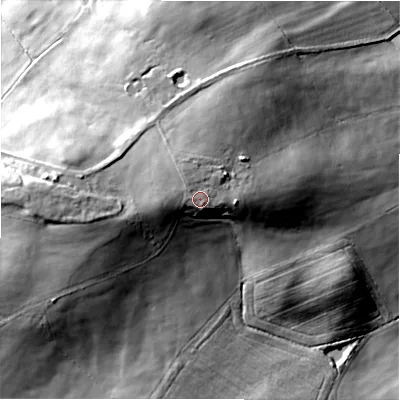 Shaded relief map of the ground around DL149SP, computed from Environment Agency LiDAR. The ground here sits at about 202 m above sea level and falls 35 m across the surrounding 800 m. Surface water reaching this point runs off ground lying to the north-west, 1.4 m higher.