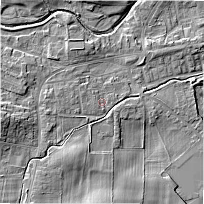 Shaded relief map of the ground around DL149UB, computed from Environment Agency LiDAR. The ground here sits at about 110 m above sea level and falls 14 m across the surrounding 800 m. Surface water reaching this point runs off ground lying to the west, 1.3 m higher.