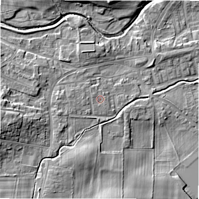 Shaded relief map of the ground around DL149UD, computed from Environment Agency LiDAR. The ground here sits at about 110 m above sea level and falls 14 m across the surrounding 800 m. Surface water reaching this point runs off ground lying to the west-north-west, 0.9 m higher.