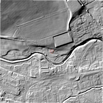 Shaded relief map of the ground around DL149UL, computed from Environment Agency LiDAR. The ground here sits at about 110 m above sea level and falls 29 m across the surrounding 800 m. Surface water reaching this point runs off ground lying to the north-north-west, 22.1 m higher.