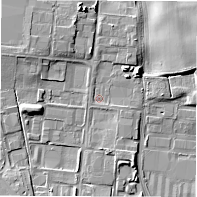 Shaded relief map of the ground around DL14PT, computed from Environment Agency LiDAR. The ground here sits at about 51 m above sea level and falls 10 m across the surrounding 800 m. Surface water reaching this point runs off ground lying to the south-east, 1.6 m higher.