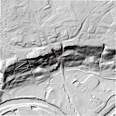 Shaded relief map of the ground around DL150DJ, computed from Environment Agency LiDAR. The ground here sits at about 66 m above sea level and falls 46 m across the surrounding 800 m. Surface water reaching this point runs off ground lying to the north-west, 28.6 m higher.
