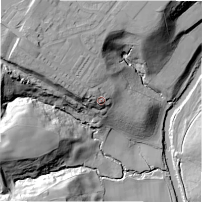Shaded relief map of the ground around DL150NQ, computed from Environment Agency LiDAR. The ground here sits at about 81 m above sea level and falls 44 m across the surrounding 800 m. Surface water reaching this point runs off ground lying to the north-west, 3.9 m higher.