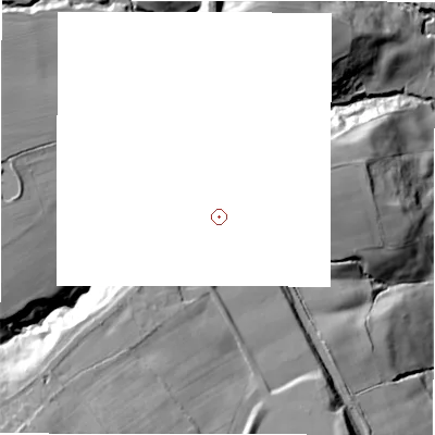 Shaded relief map of the ground around DL150RH, computed from Environment Agency LiDAR. and falls 55 m across the surrounding 800 m.