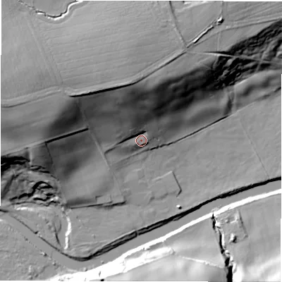 Shaded relief map of the ground around DL150UA, computed from Environment Agency LiDAR. The ground here sits at about 58 m above sea level and falls 38 m across the surrounding 800 m. Surface water reaching this point runs off ground lying to the north-north-west, 28.7 m higher.