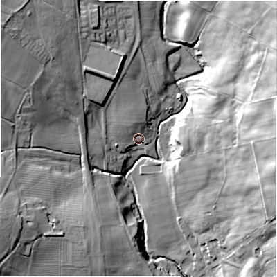 Shaded relief map of the ground around DL158AB, computed from Environment Agency LiDAR. The ground here sits at about 122 m above sea level and falls 38 m across the surrounding 800 m. Surface water reaching this point runs off ground lying to the north-north-west, 5.4 m higher.