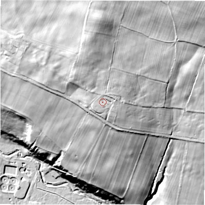 Shaded relief map of the ground around DL158AU, computed from Environment Agency LiDAR. The ground here sits at about 125 m above sea level and falls 82 m across the surrounding 800 m. Surface water reaching this point runs off ground lying to the north-north-east, 7.7 m higher.