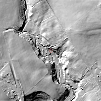 Shaded relief map of the ground around DL158AX, computed from Environment Agency LiDAR. The ground here sits at about 90 m above sea level and falls 66 m across the surrounding 800 m. Surface water reaching this point runs off ground lying to the north-east, 20.9 m higher.
